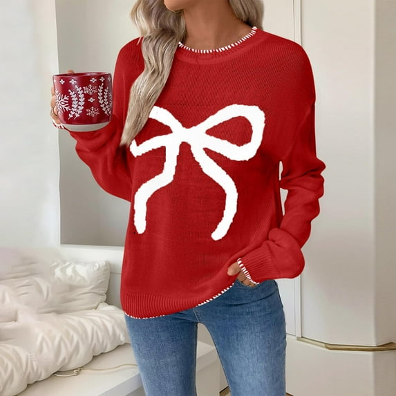 Sweater for Women Christmas Bow Fair Isle Knit Sweater,Sweater for Women Red M