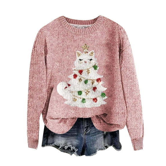 Sweater for Women Christmas Cute Cat Graphic Long Sleeve Crew Neck Casual Plus Size Festival Cozy Sweaters