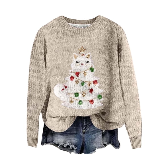 Sweater for Women Christmas Cute Cat Graphic Long Sleeve Crew Neck Casual Plus Size Festival Lightweight Sweaters