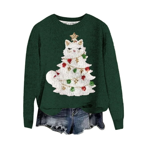 Sweater for Women Christmas Cute Cat Graphic Long Sleeve Crew Neck Casual Plus Size Festival Warm Sweaters