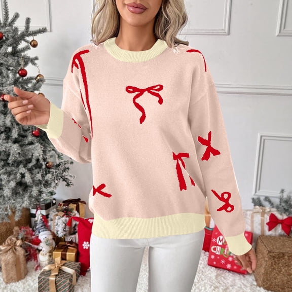 Sweater for Women Christmas Fair Isle Knit Sweater with Bow Embroidery Khaki M