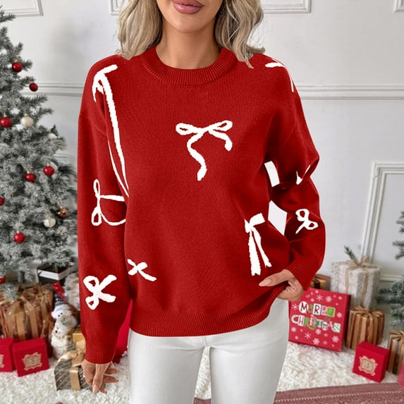Sweater for Women Christmas Fair Isle Knit Sweater with Bow Embroidery Red S