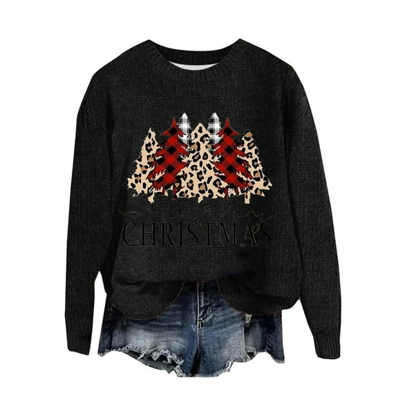 Sweater for Women Christmas Leopard Print Xmas Tree Long Sleeve Crew Neck Loose Fit Knitted Trendy Clothes 2025