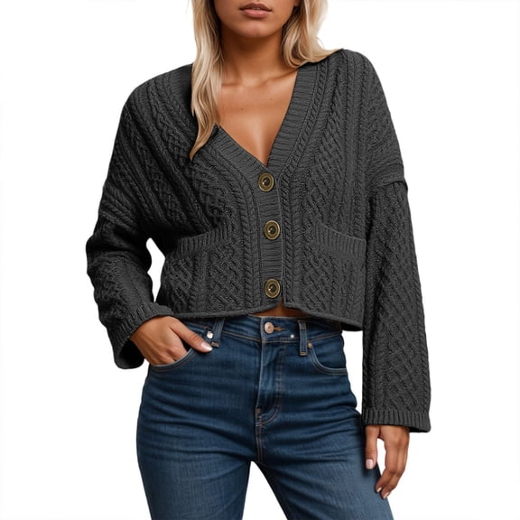 Sweater for Women Knit Cardigan Long Sleeve V Neck Button Down Cropped Slim Fall Knitwear