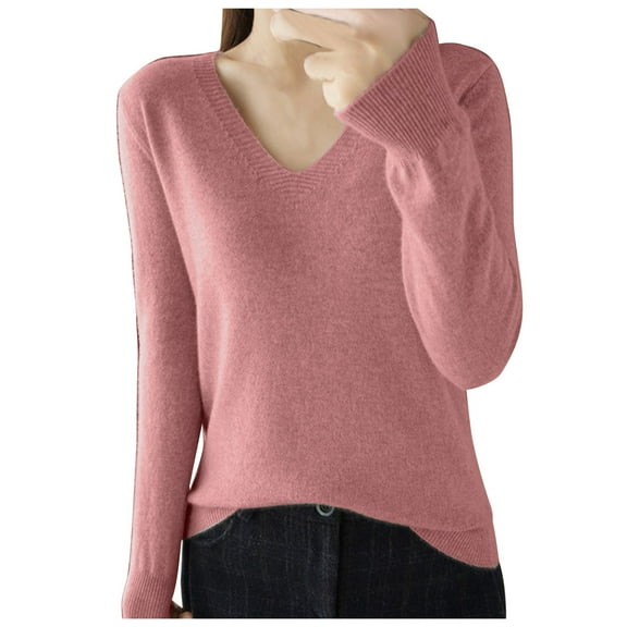 Sweater for Women Classic V Neck Long Sleeve Pullover Jumper Lightweight Knitted Sweaters Knitted Sweater Pink One Size