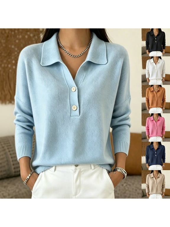 Sweater for Women Collared V-Neck Pullover Top Long Sleeve Ribbed Knit Casual Fall Blouse