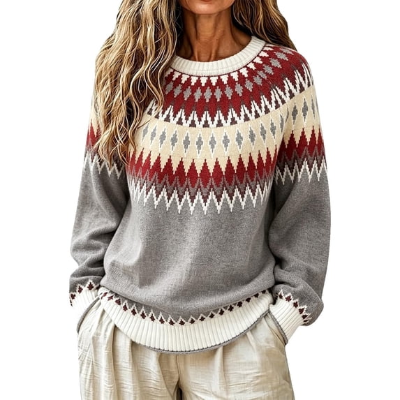 Sweater for Women Color Block Casual Relaxed Long Sleeve Tops Fall Winter Round Neck Pullover Blouse Daily Wear