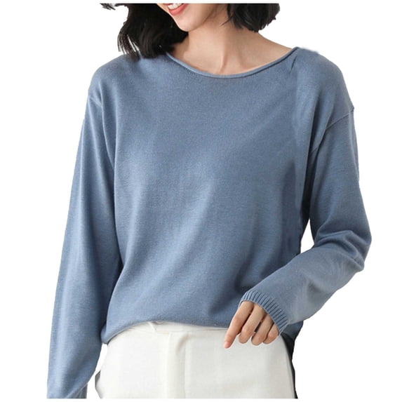 Sweater for Women Cozy Knit Sweaters Loose Fit Round Neck Pullover Versatile Solid Layering Shirt Sweaters Blue L