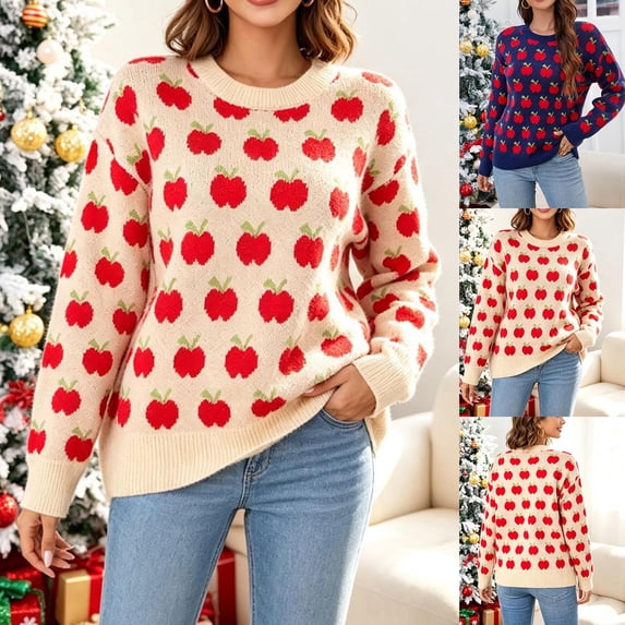 Sweater for Women Crew Neck Apple Print Pullover Top Long Sleeve Relaxed Fit Casual Fall Pullover