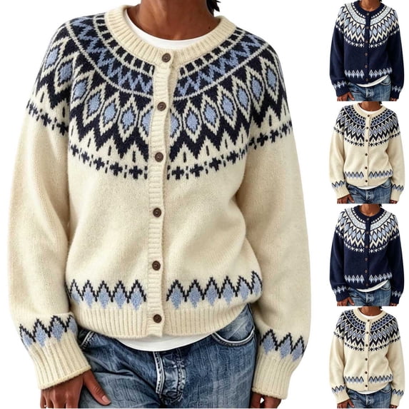 Sweater for Women Crew Neck Button Down Cardigan Fair Isle Knit Long Sleeve Relaxed Fit Casual Fall Pullover