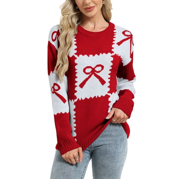 Sweater for Women Crewneck Bow Tie Checkered Printed Cable Knitted Winter Fall Warm Long Sleeve Loose Pullover Sweaters Alsol Lamesa