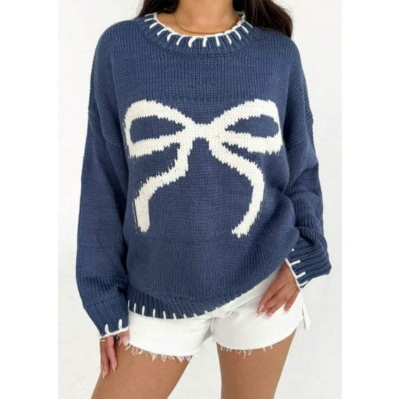 Sweater for Women Crewneck Bow Tie Printed Knit Winter Clothes Lightweight Fall Long Sleeve Loose knitted Sweaters Pullover Tops Alsol Lamesa