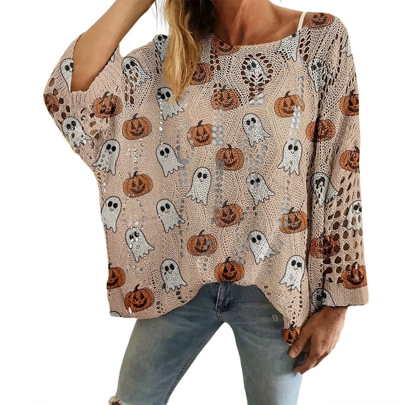 Halloween Sweater for Women Crochet Pumpkin Ghost Graphic Oversized Knit Pullover Cozy Fall Sweater Women's Pullover Sweater Tops