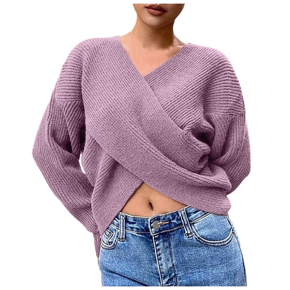 Sweater for Women Cropped Ruched V Neck Long Sleeve Cropped Knitted Fashion Twist Knot Fall Winter Clothes