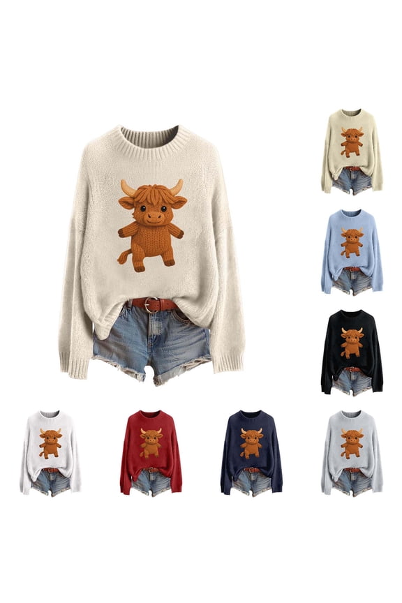 Sweater for Women Cute Animal Printed Knit Pullover Sweater Long Sleeve Crewneck Casual Warm Knitwear Shirts