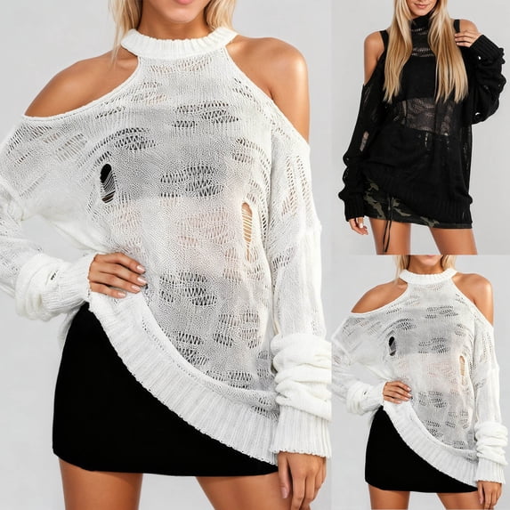 Sweater for Women Distressed Knit Pullover Sweater Long Sleeve Cold Shoulder Lace Top Summer Lightweight Sheer Cover Up Casual Streetwear