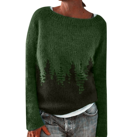 Sweater for Women Ethnic Style Long Sleeve Crew Neck Casual Print Knitted Color Block Fall Sweaters