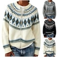 thumbnail image 1 of Sweater for Women Fair Isle Cardigan Zip Up Crew Neck Long Sleeve Loose Fit Sweater, 1 of 5