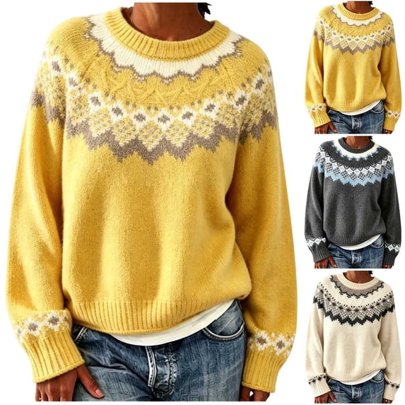 Sweater for Women Fair Isle Sweater Crew Neck Long Sleeve Loose Fit Casual Pullover Top