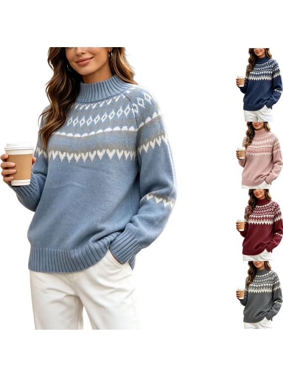 Sweater for Women Fair Isle Sweater Mock Neck Long Sleeve Loose Fit Casual Pullover Top
