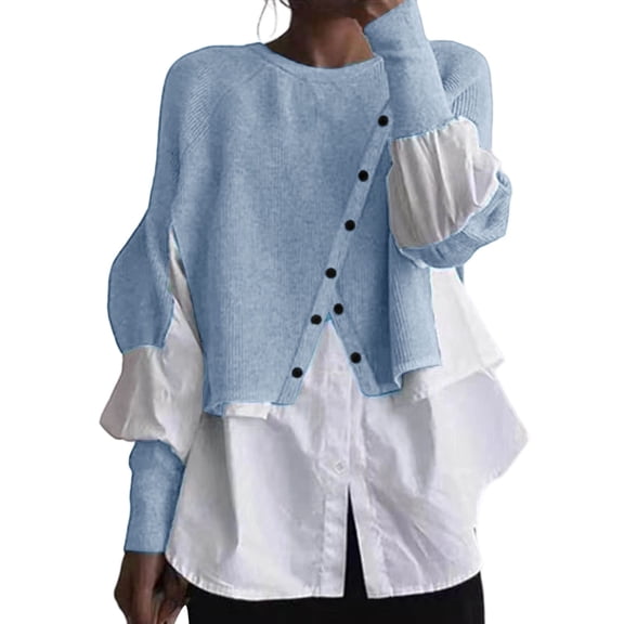Sweater for Women 2 Piece Sweater Patchwork Button Down Shirts Color Block Blouse Winter Sweaters