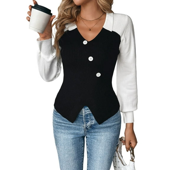 Sweater for Women Fall Long Lantern Sleeve Slim Fit Pullover Sweaters Knit Lapel V Neck Top with Buttons Black & White M