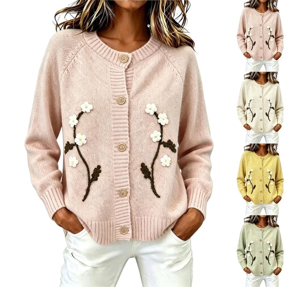 Sweater for Women Floral Embroidered Cardigan Button Down Crew Neck Long Sleeve Casual Sweater