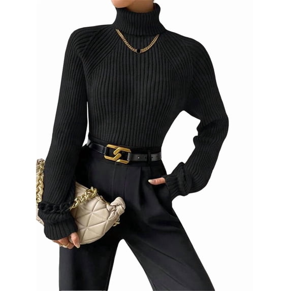 Sweater for Women High Neck Ribbed Knit Sweater Trendy Clothes Black L