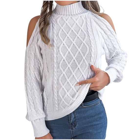 Sweater for Women Knit Off The Shoulder Loose Oversized Pullover Solid Color Long Sleeve Stylish Fall Clothes White M