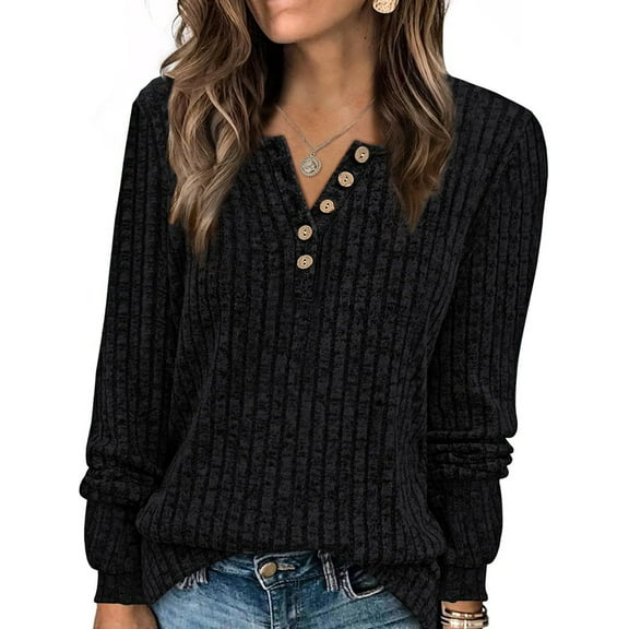 Sweater for Women Long Sleeve Henley Shirts Tunic Tops to Wear with Leggings Crew Neck Sweaters Trendy Black XL