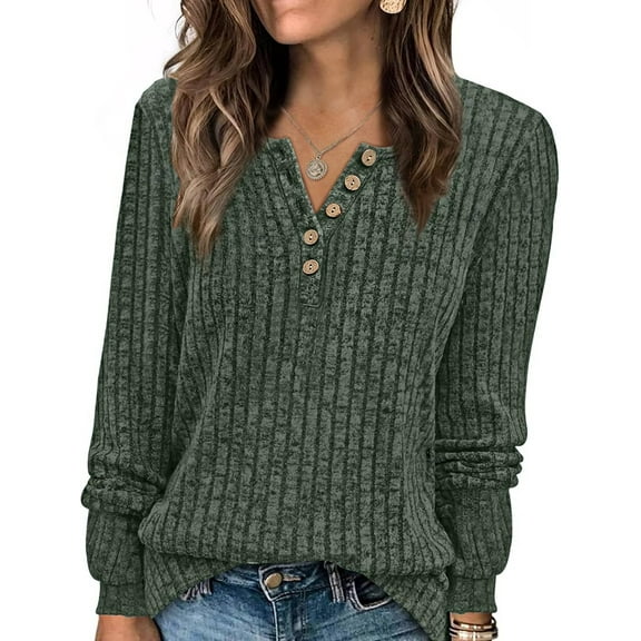Sweater for Women Long Sleeve Henley Shirts Tunic Tops to Wear with Leggings Crew Neck Sweaters Trendy Green XXL