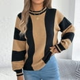thumbnail image 1 of Sweater for Women Long Sleeve Stripe Round Neck Sweater Khaki L, 1 of 6