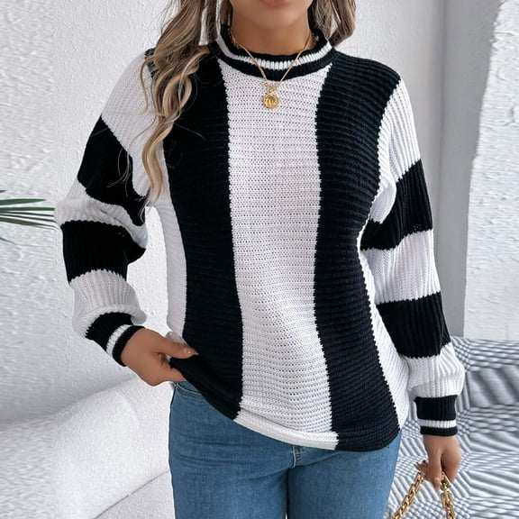 Sweater for Women Long Sleeve Stripe Round Neck Sweater White L