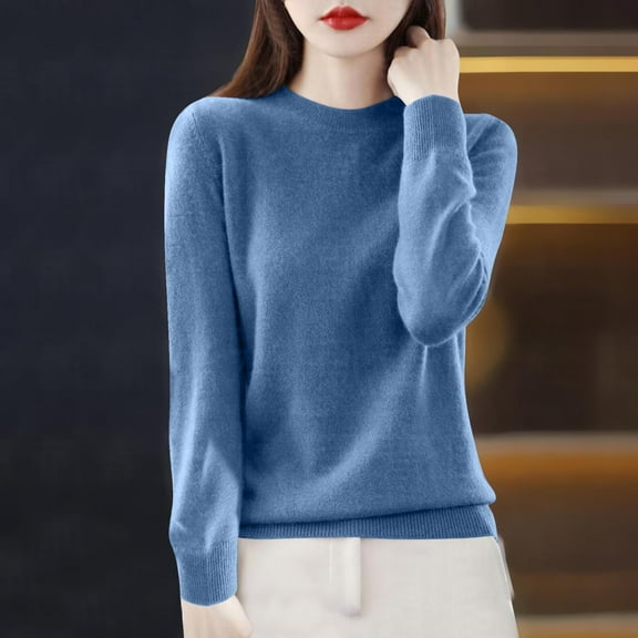 Sweater for Women Long Sleeved Knitted Base Round-Neck Sweater Navy 2XL