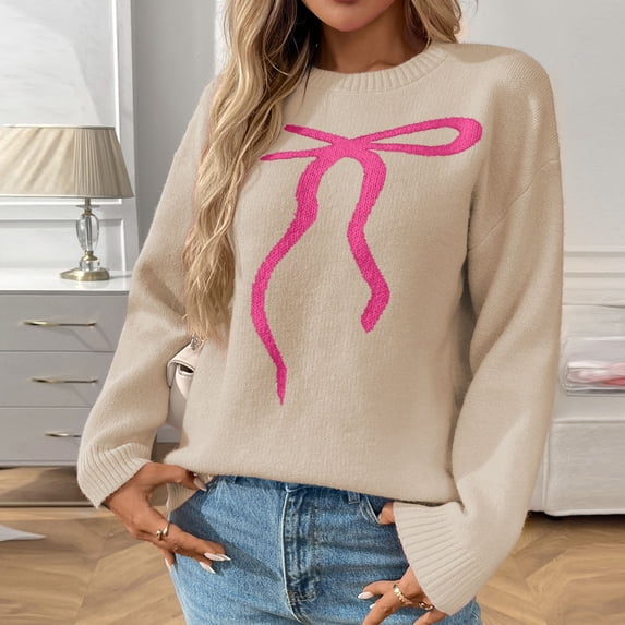 Sweater for Women Long Sleeved Round Neck Bow Printing Casual Pullover Sweater Beige L