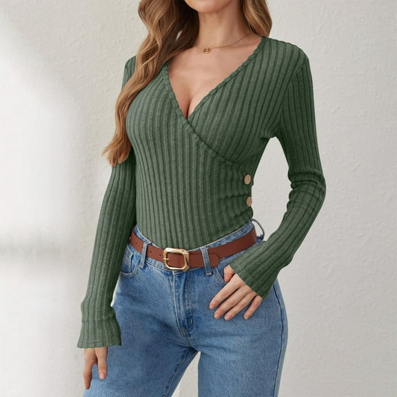 Sweater for Women Long Sleeved V-neck Button Knit Solid Color Sweater Green,Womens Tops