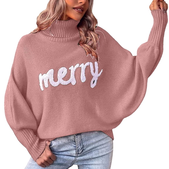 Sweater for Women Merry Letter Print Christmas Knitted Long Batwing Sleeve Warm Turtleneck Xmas Fall Winter Clothes