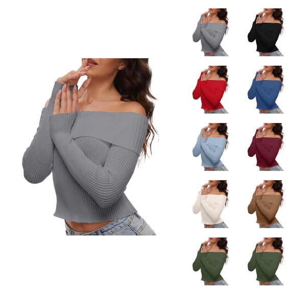 Sweater for Women, Off Shoulder Sweaters for Women, Fall Long Sleeve Ribbed Knit, Fitted Blouse