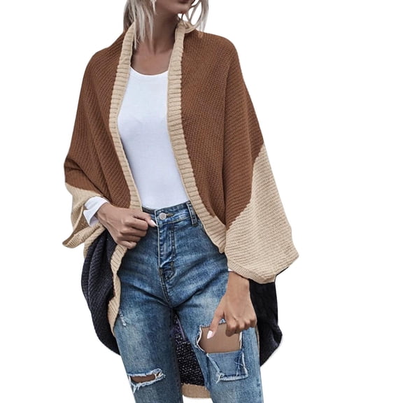Sweater for Women Patchwork Open Front Cardigan Irregular Hem Shawl Knitted Warm Sweaters