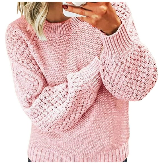 Sweater for Women Solid Cable Ribbed Knitted Long Sleeve Crew Neck Casual Lightweight Sweaters