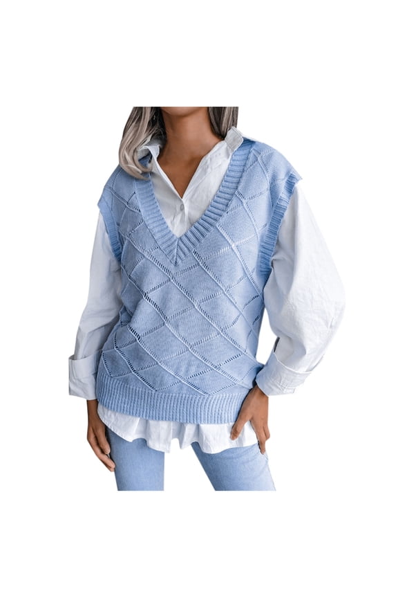 Sweater for Women Solid Color V-neck Knit Vest Cable Knitted Sleeveless Checked Fall Winter Clothes