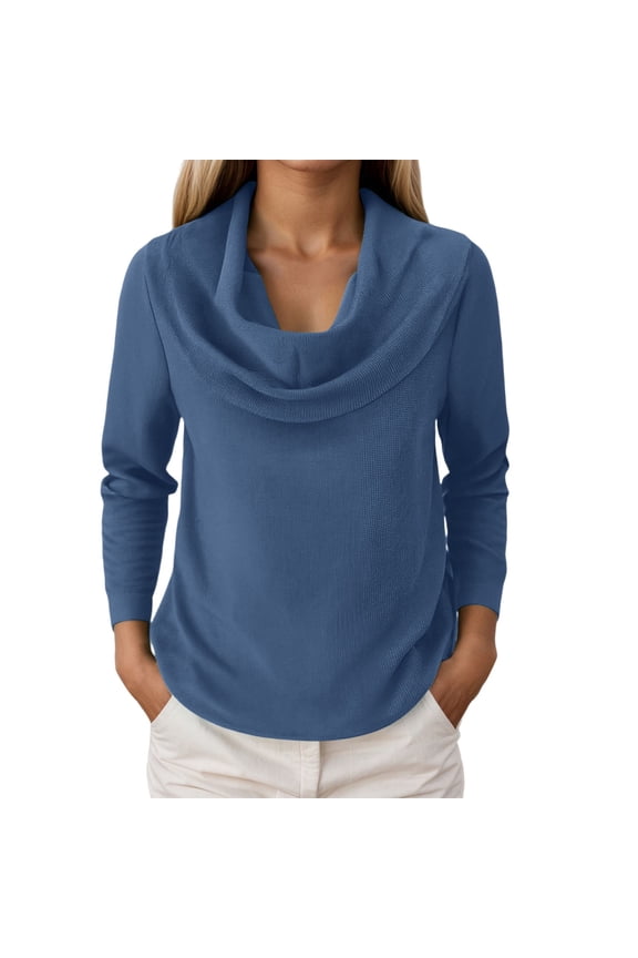 Sweater for Women Solid Elegant Cowl Neck Knitted Long Sleeve Fall Winter Clothes Blue
