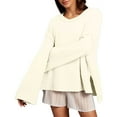 thumbnail image 1 of Sweater for Women Solid Long Flared Sleeve Side Slit Casual Crew Neck Knitted Lightweight Sweaters, 1 of 2