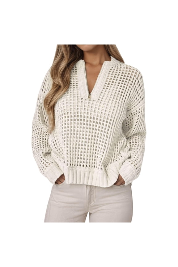 Sweater for Women Solid Long Sleeve Crew Neck Half Button Knitted Hollow Out Cover-Ups Warm Sweaters