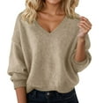 thumbnail image 1 of Sweater for Women Solid Long Sleeve V Neck Fuzzy Knitted Casual Trendy Outfits Beige, 1 of 4
