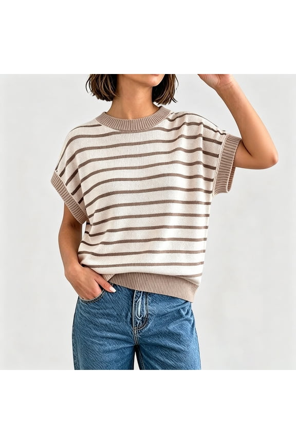 Sweater for Women Stripe Cap Sleeve Crew Neck Loose Knit Vest French Slouchy Style Casual Versatile Basic Pullover Beige M