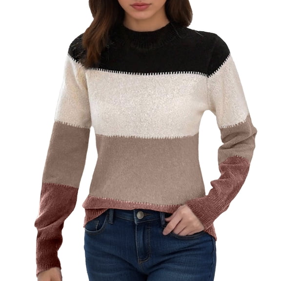 Sweater for Women Stripe Color Block Long Sleeve Crew Neck Casual Knitted Fall Knitwear