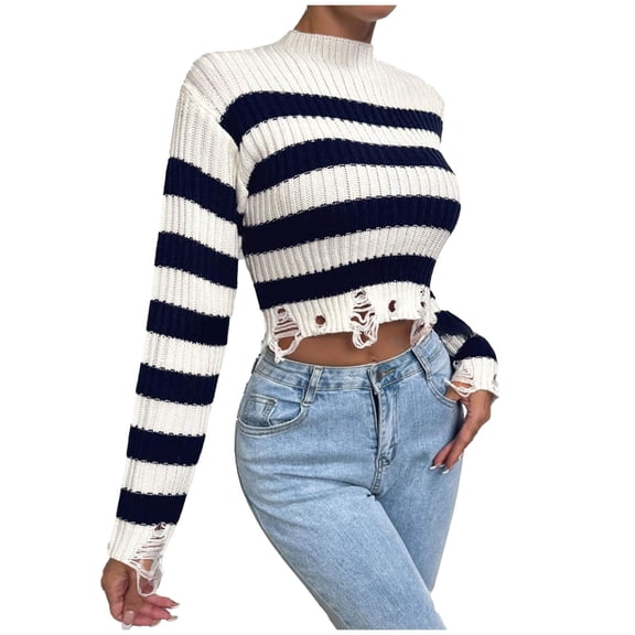 Sweater for Women Stripe Patchwork Cropped Ripped Knitted Long Sleeve Slim Fit Jumper Top