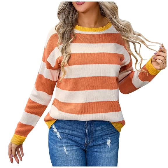 Sweater for Women Stripe Patchwork Long Sleeve Crewneck Knitted Fashion Casual Fall Sweaters