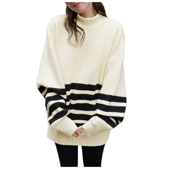 Sweater for Women, Turtleneck Sweaters for Women, Striped Long Tunic Pullover, Loose Knit Casual for Fall Winter